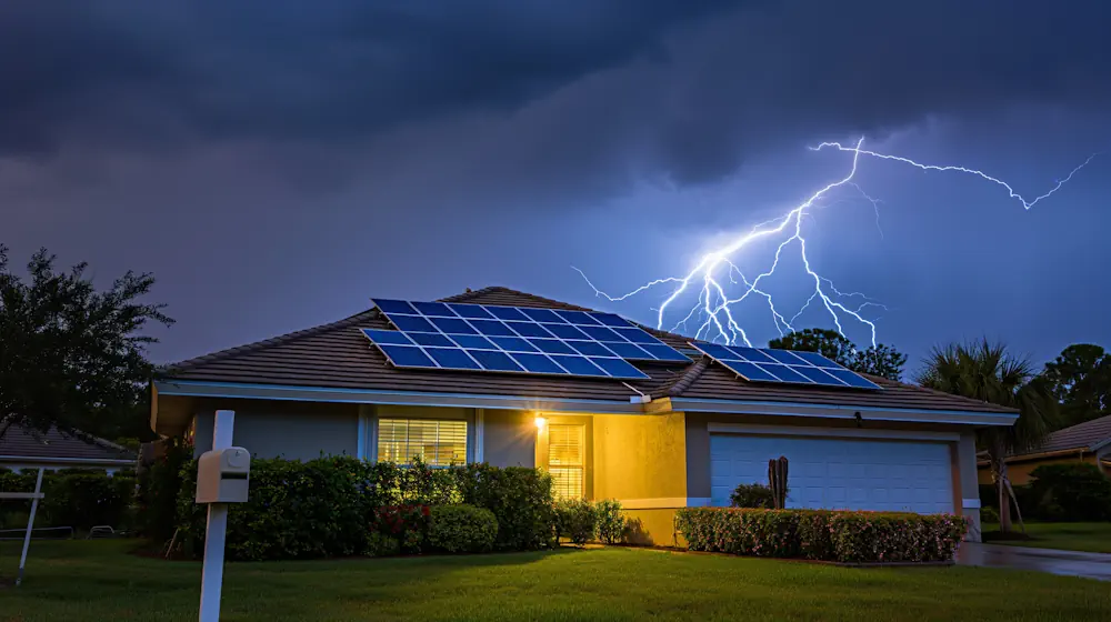 Blitzeinschlag über Häuserdach Solarzelle Photovoltaikanlage in Einfamilienhaus